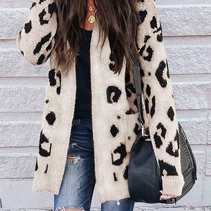 BTFBM Women’s Chic Leopard Print Cozy Sweater Loose Knitted Long Cardigan M MED